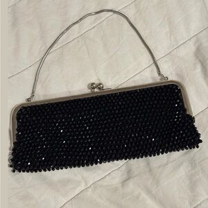 Kate Landry Black Beaded Evening Clutch with Silver Frame
